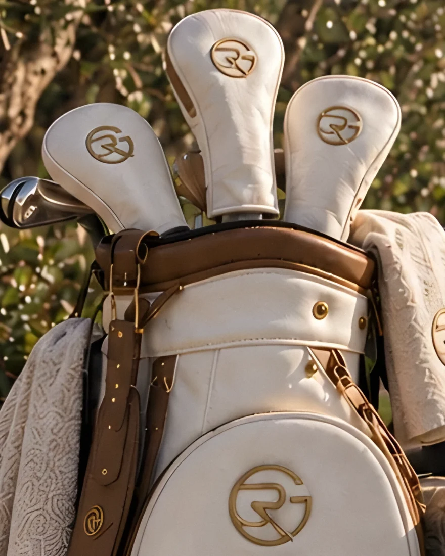 Cream GasaRoca golf bag with monogram head covers
